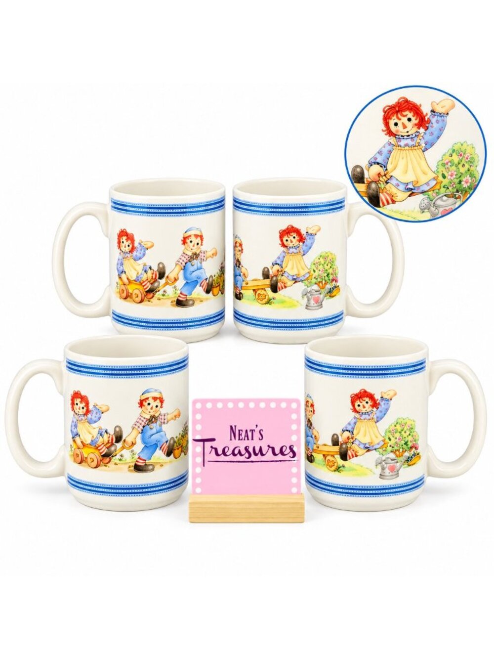Vintage Houston Harvest RAGGEDY ANN & ANDY Large 16oz Ceramic Mugs Cups Set of 4